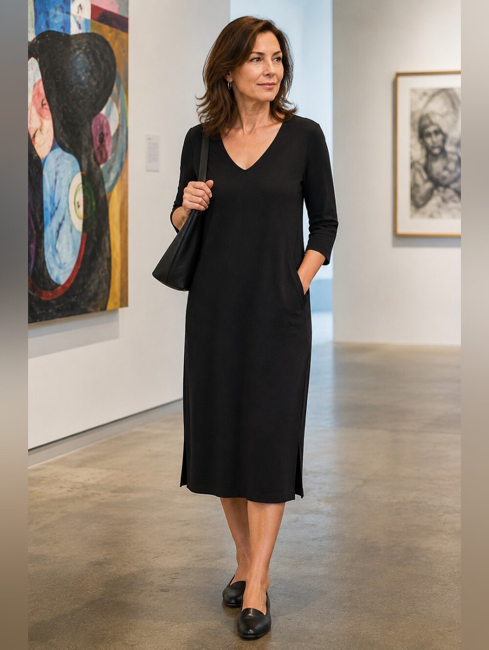 pureJill by J. Jill Black Luxe Tencel 3/4 Sleeve Midi Dress Minimalist Women's M